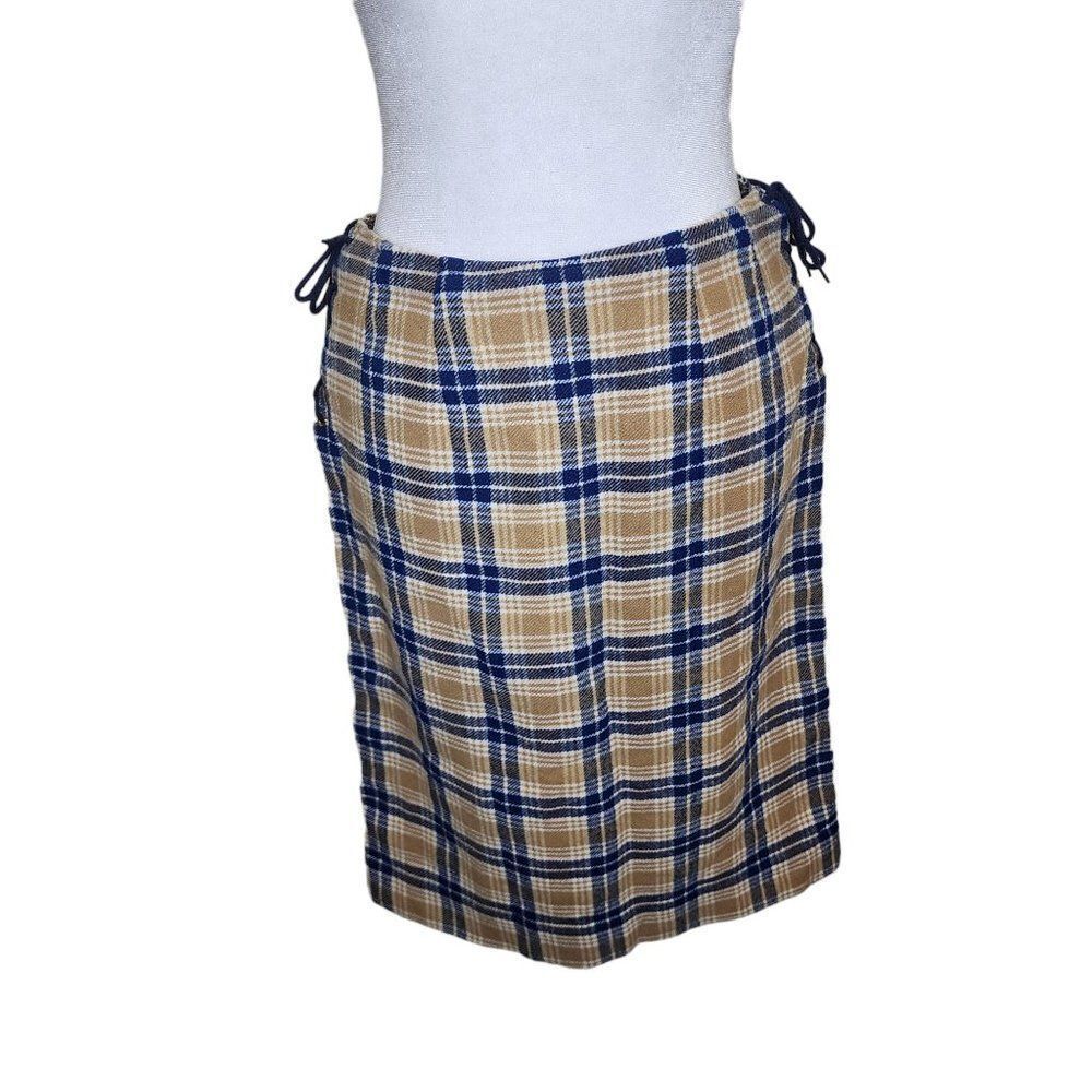 Vintage 60s Jantzen Pencil Skirt Womens Size Small Beige Blue Plaid Side Lace Up